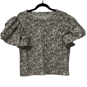 ZARA Floral Print Ruffle Sleeve T-Shirt Top Women Size L